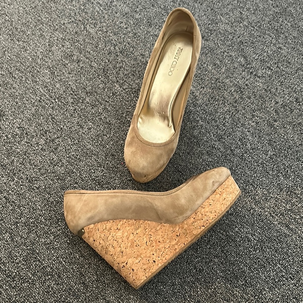 Jimmy Choo Tan Suede Wedges with Cork Heel